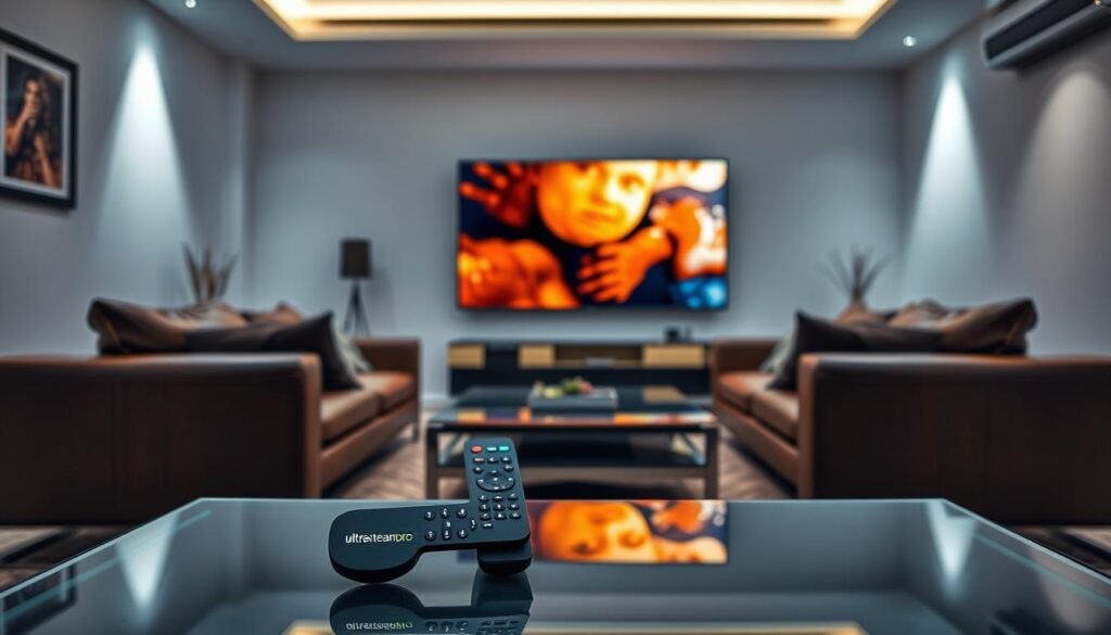A sleek, modern home entertainment setup showcasing the ultrastreampro IPTV service. The living room features a large, high-definition TV displaying vibrant, crystal-clear streaming content. Comfortable leather seating surrounds the TV, creating an immersive viewing experience. Soft, ambient lighting sets a relaxing mood, while minimalist decor and clean lines convey a sense of sophistication. In the foreground, a remote control with the ultrastreampro logo sits on a modern, glass-topped coffee table, emphasizing the seamless integration of the IPTV service. The overall scene exudes a feeling of premium quality and reliable, cutting-edge technology.