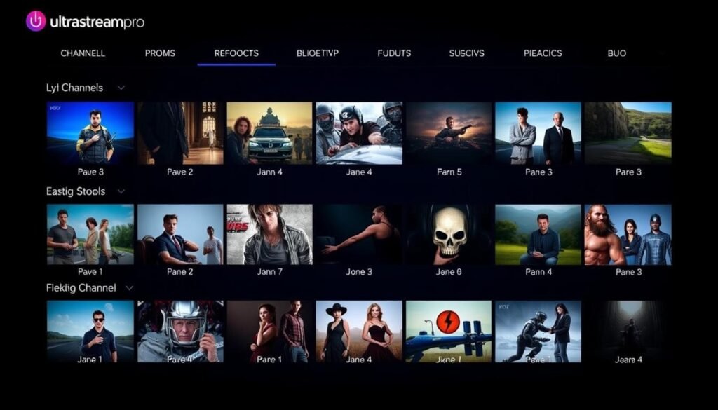 A sleek, modern interface for ultrastreampro's USA IPTV channels, showcasing a clean grid layout with large, high-quality channel thumbnails. The UI is minimalist yet visually striking, with a dark color scheme that creates a cinematic atmosphere. Intuitive controls allow for easy navigation, channel selection, and playback management. The overall design exudes a sense of premium quality, inviting the user to explore and immerse themselves in a vast library of entertainment options.