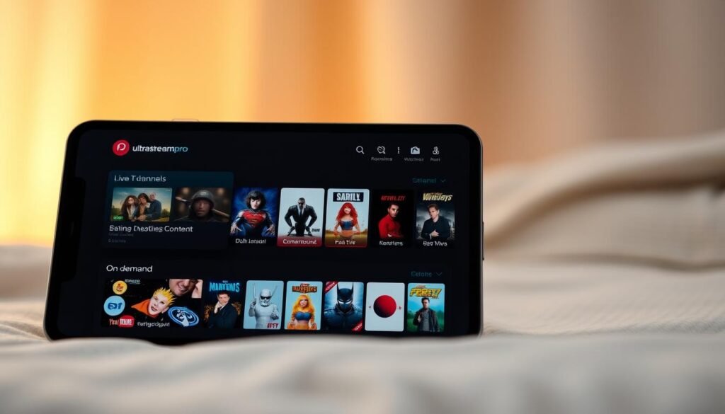 A sleek, modern iptv pro apk application interface with a minimalist design, showcasing the ultrastreampro brand prominently. The app is displayed on a high-resolution tablet or smartphone screen, with a clean, intuitive user experience. The screen depicts a variety of streaming content options, from live TV channels to on-demand movies and shows. The entire scene is bathed in a soft, warm lighting, creating a cozy and inviting atmosphere. The background is slightly blurred, keeping the focus on the iptv pro apk app itself. The overall impression is one of a powerful, yet user-friendly media streaming solution that effortlessly provides access to a vast library of content.
