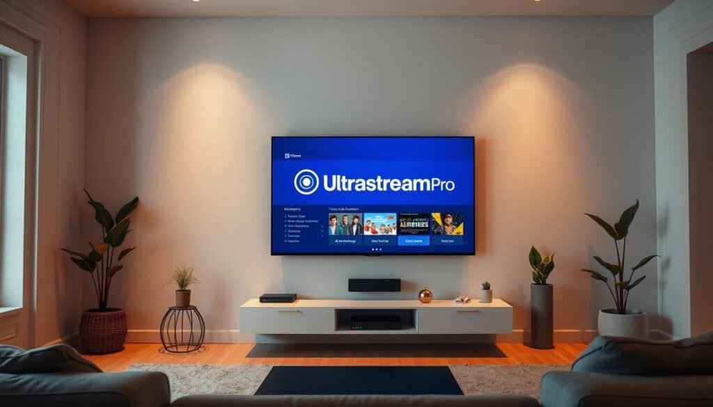 A sleek, modern living room with a large, flat-screen television prominently displayed. The television's screen shows the ultrastreampro brand logo and interface, inviting the viewer to explore its streaming content. The room is bathed in warm, diffused lighting, creating a cozy, inviting atmosphere. The television is positioned on a minimalist, floating entertainment center, surrounded by tasteful decor and houseplants. The walls are clean and uncluttered, allowing the television to be the focal point. The scene conveys a sense of relaxation and the convenience of on-demand streaming entertainment. A sleek, modern living room with a large, flat-screen television prominently displayed. The television's screen shows the ultrastreampro brand logo and interface, inviting the viewer to explore its streaming content. The room is bathed in warm, diffused lighting, creating a cozy, inviting atmosphere. The television is positioned on a minimalist, floating entertainment center, surrounded by tasteful decor and houseplants. The walls are clean and uncluttered, allowing the television to be the focal point. The scene conveys a sense of relaxation and the convenience of on-demand streaming entertainment.