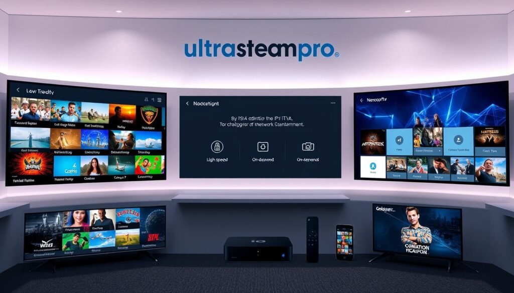 A sleek, modern-looking premium IPTV app interface, showcasing the ultrastreampro brand. The app features a clean, minimalist design with crisp high-definition video thumbnails, intuitive menu layouts, and seamless navigation. In the foreground, a selection of popular live TV channels and on-demand content is prominently displayed. The middle ground depicts various device compatibility options, including smart TVs, mobile devices, and streaming boxes. The background subtly hints at a high-speed internet connection, with dynamic data visualizations and network infrastructure elements. The overall mood is one of sophistication, reliability, and uninterrupted entertainment, setting the stage for a premium IPTV streaming experience.