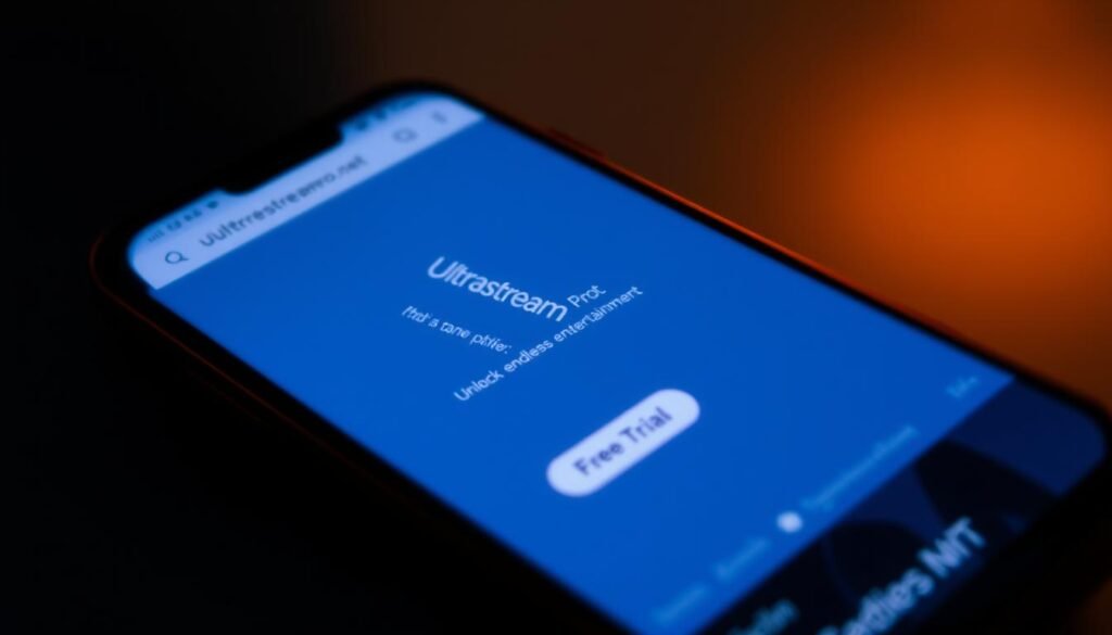 A sleek, modern smartphone screen displaying the ultrastreampro.net website, showcasing an IPTV free trial offer. The screen is backlit with a soft, warm glow, casting a gentle light across the device's metal frame. The interface features clean, minimalist design elements - crisp text, vibrant icons, and an intuitive layout that draws the viewer's eye to the prominent "Free Trial" call-to-action button. The overall atmosphere evokes a sense of convenience, accessibility, and the promise of unlocking endless entertainment through the IPTV service.