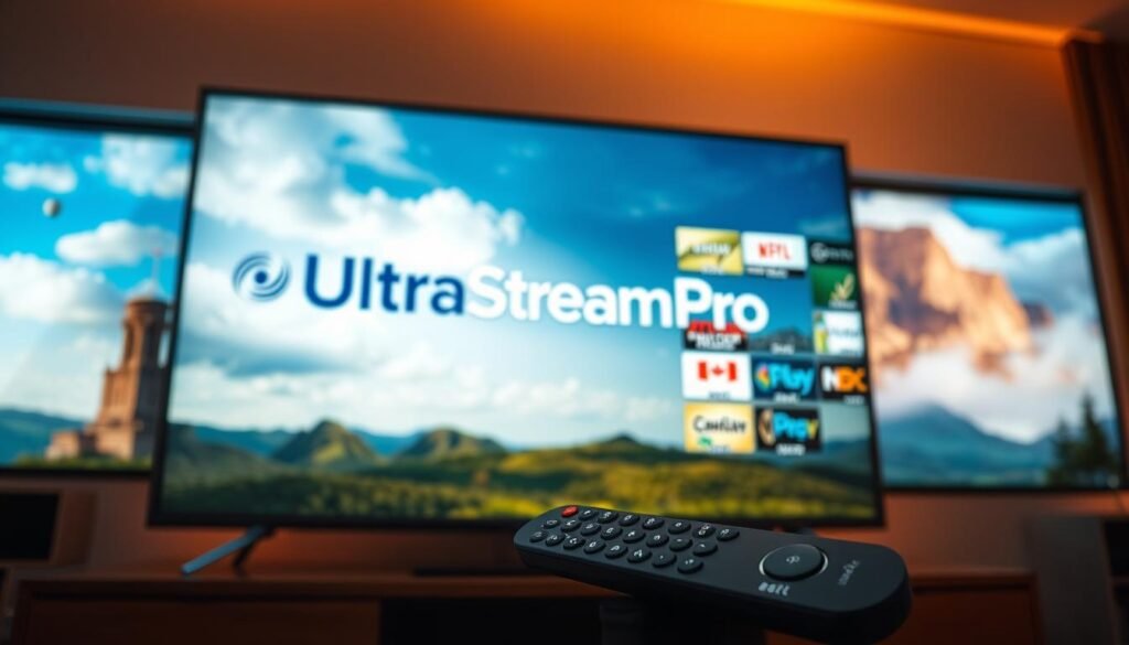A sleek, modern television set displaying the UltraStreamPro logo against a backdrop of vibrant, high-definition American landscapes. The TV screen showcases a wide range of live television channels, streaming seamlessly with crystal-clear visuals and rich audio. In the foreground, a premium remote control with a minimalist design invites the user to effortlessly navigate the UltraStreamPro interface. The lighting is warm and inviting, creating a cozy atmosphere perfect for a premium in-home entertainment experience. The overall composition evokes a sense of quality, reliability, and cutting-edge technology tailored specifically for American viewers.