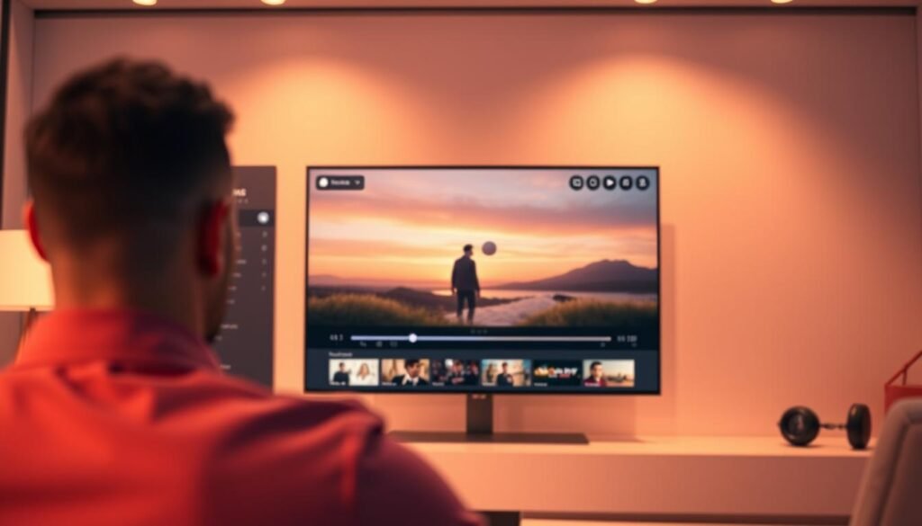 A sleek, modern web interface showcasing the ultrastreampro online subscription service. In the foreground, a user navigates a clean, minimalist dashboard, featuring intuitive controls and customizable options. In the middle ground, a large, high-resolution video player dominates the screen, presenting content in vibrant, lifelike quality. The background subtly blends a soft, gradient-based color scheme, with subtle patterns and geometric shapes adding depth and texture. Warm, diffused lighting creates a welcoming, premium atmosphere, while a shallow depth of field focuses the viewer's attention on the central user experience. The overall composition conveys a sense of elegance, functionality, and ease of use, reflecting the ultrastreampro brand's commitment to seamless digital entertainment.