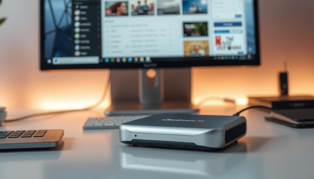 A sleek, silver ultrastreampro TV passport device rests on a minimalist desktop workspace. The device's smooth, curved edges and metallic finish reflect the soft, warm lighting in the room. Behind it, a large, high-resolution computer monitor displays a crisp, clean interface, hinting at the powerful capabilities of the ultrastreampro TV passport. The overall scene conveys a sense of modern, technology-driven productivity and entertainment convergence, fitting the article's focus on the TV passport's versatility across devices.