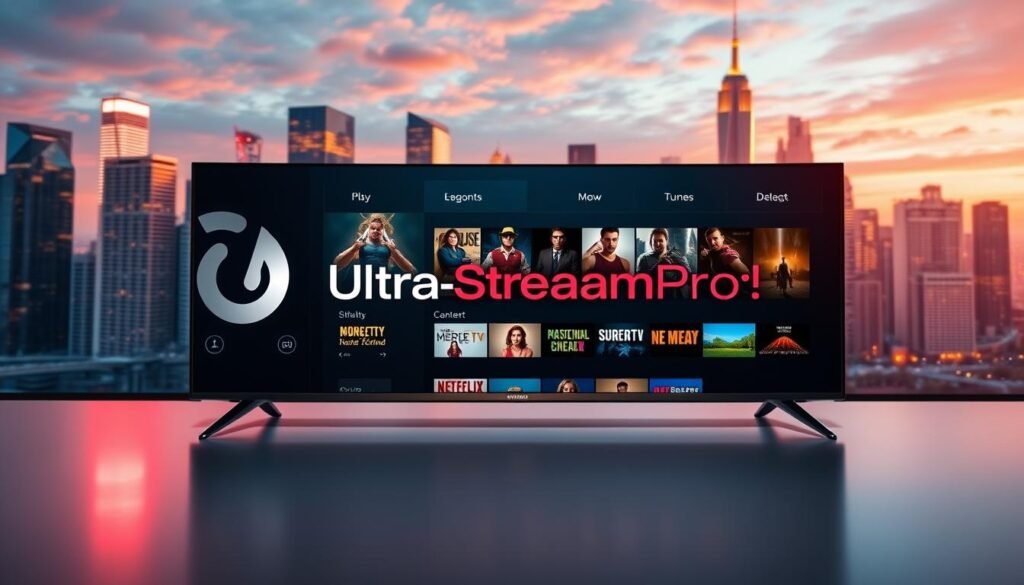 A sleek, ultramodern IPTV player interface set against a backdrop of a vibrant city skyline. In the foreground, the UltraStreamPro logo stands out prominently, its metallic finish reflecting the warm lighting. The player's intuitive controls and responsive menus are displayed, showcasing its seamless navigation and user-friendly experience. In the middle ground, a variety of content thumbnails and channel icons populate the screen, hinting at the extensive library of live TV, movies, and on-demand content available. The overall scene radiates a sense of advanced technology, entertainment, and effortless connectivity, capturing the essence of UltraStreamPro's core features.