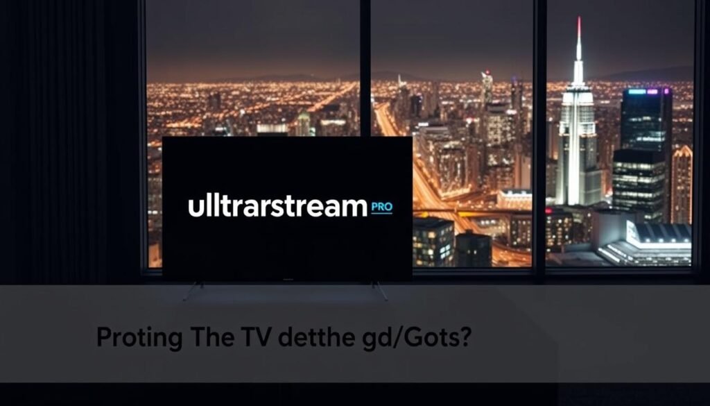 A sleek, ultramodern television set with the ultrastreampro brand name prominently displayed on the screen. The TV is situated on a minimalist black cabinet, casting a soft glow in a dimly lit living room. Behind the TV, a large window overlooks a bustling city skyline, the lights of the metropolis shimmering in the distance. The scene conveys a sense of contemporary luxury and the convenience of on-demand entertainment, perfectly capturing the "Pros and Cons of Catchon TV" section of the article.