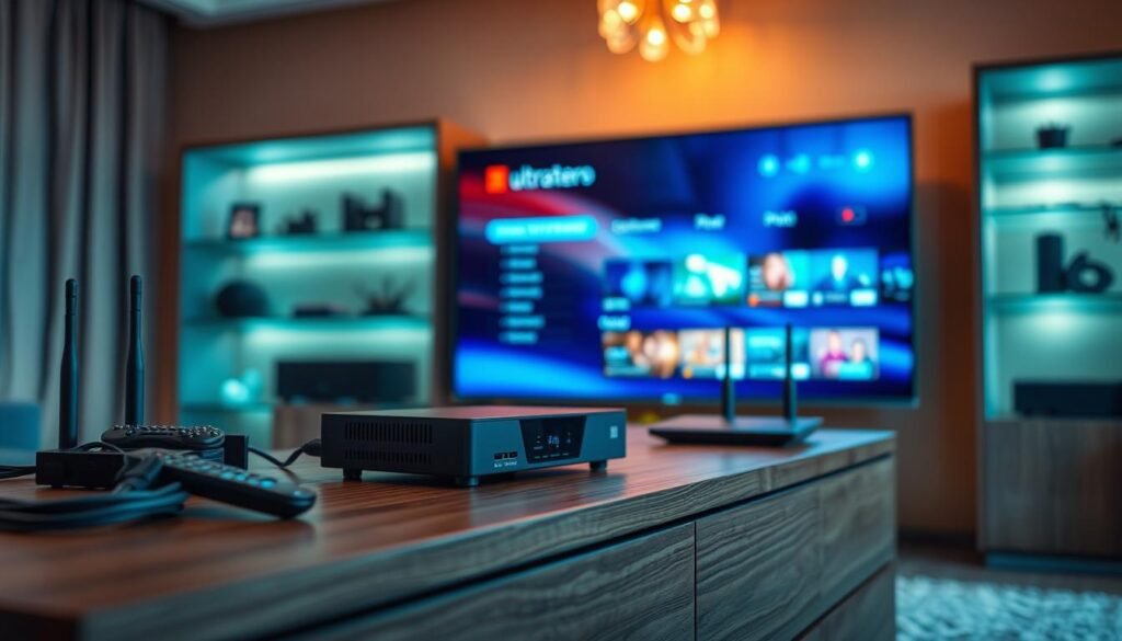 A sophisticated home entertainment setup with a modern ultrastreampro IPTV device prominently displayed on a sleek, minimalist wooden media console. The device is surrounded by various accessories like remote controls, ethernet cables, and a high-speed router, all neatly arranged. The room is bathed in warm, ambient lighting, creating a cozy and inviting atmosphere. In the background, a large, high-definition television screen displays a vibrant, immersive streaming interface, hinting at the seamless, high-quality viewing experience. The overall scene conveys a sense of technical proficiency and effortless connectivity, reflecting the optimal setup for IPTV streaming.