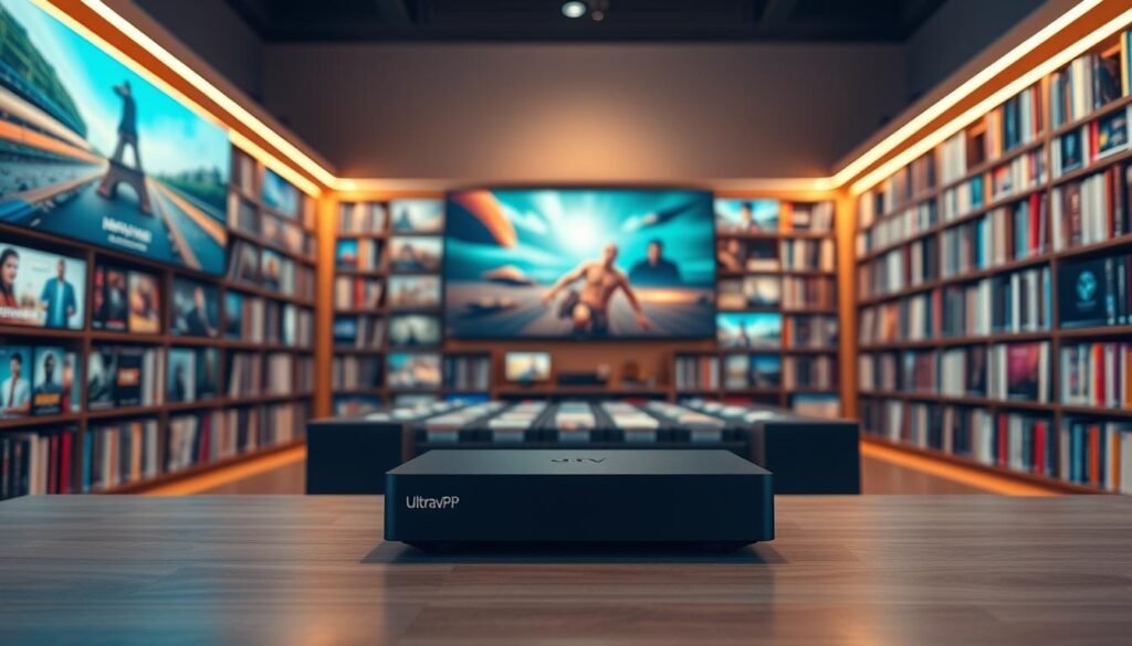 A spacious, well-organized media library filled with a vast collection of high-quality IPTV content. The foreground showcases a sleek ultrastreampro device, its minimalist design complementing the vibrant, cinema-like visuals displayed on the large screen. In the middle ground, rows of neatly arranged digital media files, representing the diverse programming available. The background features a warm, soft-focus lighting that creates a cozy, inviting atmosphere, perfect for immersive entertainment. The entire scene conveys a sense of accessibility, curation, and technological sophistication, hinting at the seamless streaming experience offered by the ultrastreampro IPTV box.