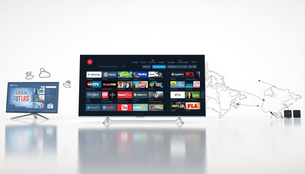 A striking comparison of Canada's leading IPTV services, showcasing the advanced features of UltraStreamPro. A sleek and modern 3D render, with a clean white background highlighting the dynamic UI and intuitive functionality of the UltraStreamPro platform. Detailed icons and illustrations depict the breadth of channels, on-demand content, and seamless streaming capabilities, contrasted against minimalist outlines of competing providers. Soft lighting creates depth and emphasizes the premium user experience, while a subtle reflection on the surface adds a touch of elegance. The overall composition conveys the superior quality and versatility that sets UltraStreamPro apart in the Canadian IPTV market.