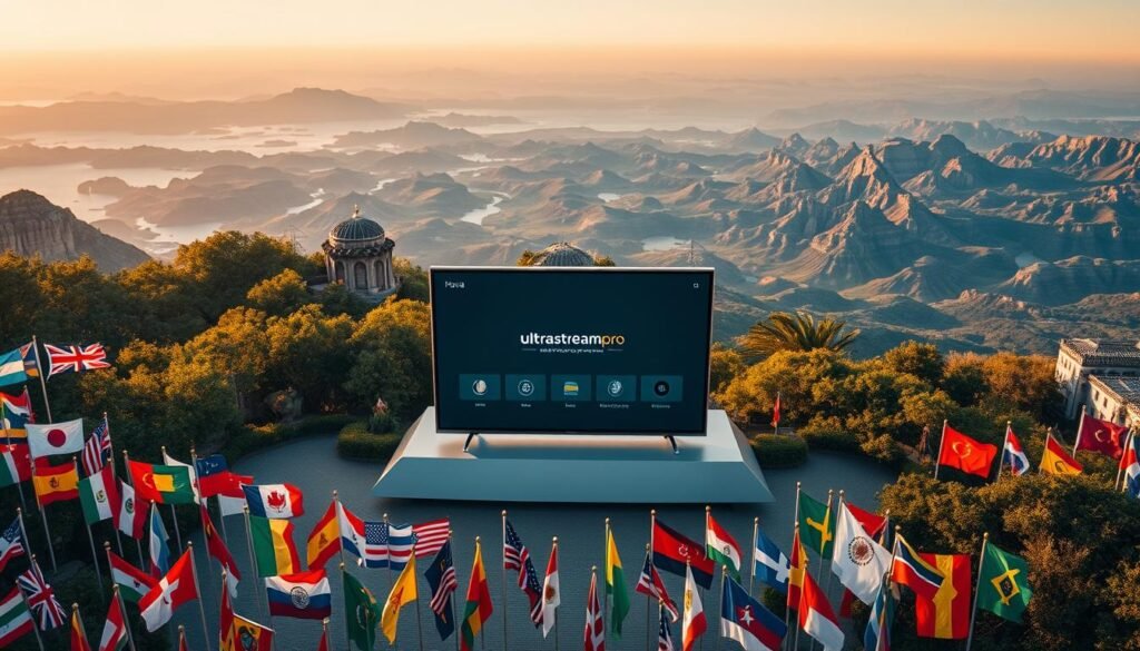 A stunning aerial view of a diverse collection of global documentary channels, showcased on the ultrastreampro platform. In the foreground, a vibrant array of international flags and cultural iconography, representing the rich tapestry of the world's cultures and histories. The middle ground features a sleek, minimalist interface, highlighting the clean and intuitive design of the ultrastreampro service. In the background, a panoramic landscape of breathtaking natural wonders, signifying the breadth and depth of the documentary content available. Soft, warm lighting sets a contemplative mood, inviting the viewer to explore and discover the captivating international and cultural documentary channels on offer.