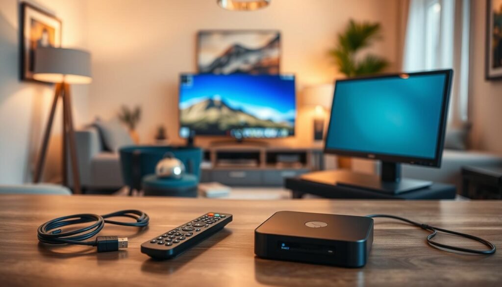 A stylish and functional setup guide for the ultrastreampro media streaming device. In the foreground, a neatly arranged workspace showcases the ultrastreampro unit, remote control, and necessary cables. The middle ground features a laptop or desktop computer, conveying the idea of a complete home entertainment system. The background depicts a cozy living room setting, with warm lighting and modern decor, creating an inviting atmosphere. The overall scene exudes a sense of simplicity and efficiency, reflecting the ease of use and versatility of the ultrastreampro device. A stylish and functional setup guide for the ultrastreampro media streaming device. In the foreground, a neatly arranged workspace showcases the ultrastreampro unit, remote control, and necessary cables. The middle ground features a laptop or desktop computer, conveying the idea of a complete home entertainment system. The background depicts a cozy living room setting, with warm lighting and modern decor, creating an inviting atmosphere. The overall scene exudes a sense of simplicity and efficiency, reflecting the ease of use and versatility of the ultrastreampro device.