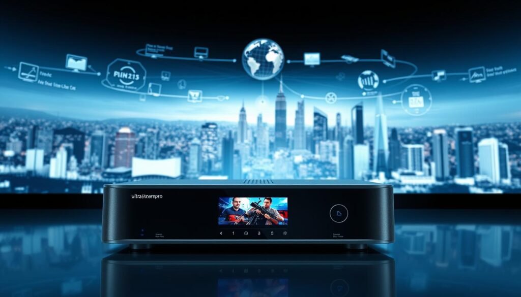A technical illustration of the ultrastreampro IPTV streaming system. In the foreground, a sleek ultrastreampro device with clean lines and modern styling. Its interface displays a vibrant, high-definition video stream. In the middle ground, data visualizations and network diagrams depict the seamless transmission of content from provider to user. The background features a stylized cityscape, hinting at the global reach and connectivity of the ultrastreampro IPTV platform. The scene is bathed in a cool, futuristic lighting, conveying a sense of advanced, reliable technology powering the user's streaming experience.