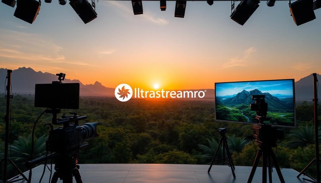 A vast expanse of lush greenery, with towering mountains in the distance, bathed in the warm glow of a setting sun. In the foreground, a sleek, modern studio set with high-tech cameras and lighting equipment. On the screens, a captivating nature documentary unfolds, showcasing the wonders of the natural world. Ultrastreampro's logo is prominently displayed, signifying the channel's dedication to bringing the beauty and mysteries of science and nature to life. The atmosphere is one of wonder, exploration, and a deep appreciation for the world around us.