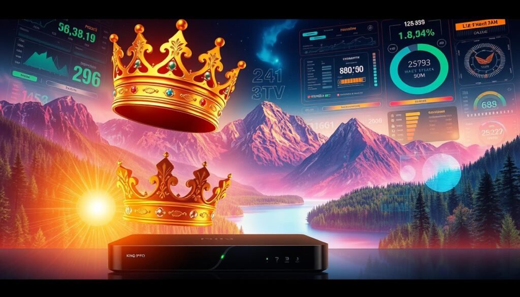 A vibrant and detailed illustration of "King IPTV Streaming Quality", showcasing the ultrastreampro brand. In the foreground, a majestic, golden crown hovers above a sleek, high-end streaming device, radiating a sense of premium quality and performance. The middle ground features a vivid, cinematic landscape of lush forests, towering mountains, and a shimmering lake, symbolizing the breadth of entertainment options available. In the background, a dazzling array of colorful data visualizations and technical readouts convey the streaming quality and technical prowess of the ultrastreampro platform. The overall scene is bathed in a warm, glowing light, creating a mood of regal sophistication and technological excellence.