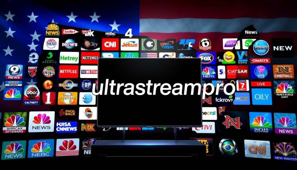 A vibrant and dynamic collage of iconic American television channels, showcased against a striking backdrop reminiscent of the United States flag. In the foreground, the ultrastreampro logo stands prominently, surrounded by an array of channel logos representing a diverse selection of content - from news and sports to movies and entertainment. The middle ground features a sleek, high-tech interface, hinting at the seamless IPTV experience offered by ultrastreampro. In the background, a subtle play of light and shadow creates a sense of depth and energy, capturing the essence of the USA's vibrant media landscape. The overall composition conveys a message of comprehensive, high-quality streaming for users, with ultrastreampro at the heart of the experience. A vibrant and dynamic collage of iconic American television channels, showcased against a striking backdrop reminiscent of the United States flag. In the foreground, the ultrastreampro logo stands prominently, surrounded by an array of channel logos representing a diverse selection of content - from news and sports to movies and entertainment. The middle ground features a sleek, high-tech interface, hinting at the seamless IPTV experience offered by ultrastreampro. In the background, a subtle play of light and shadow creates a sense of depth and energy, capturing the essence of the USA's vibrant media landscape. The overall composition conveys a message of comprehensive, high-quality streaming for users, with ultrastreampro at the heart of the experience.