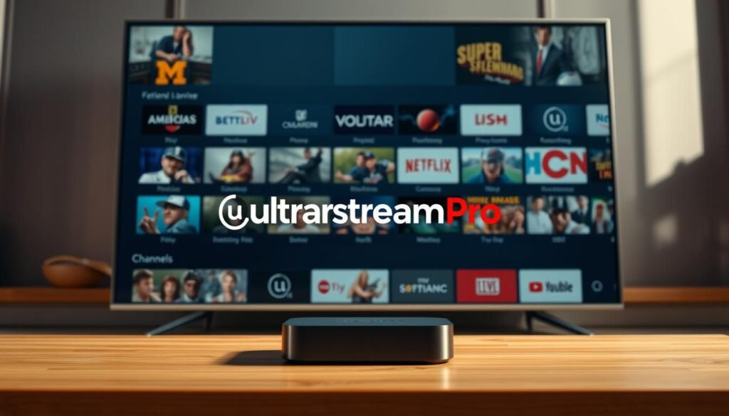 A vibrant and modern streaming service interface, showcasing the ultrastreampro logo prominently in the center. The foreground features a sleek device, such as a smart TV or streaming box, displaying a wide array of popular American channels. The middle ground depicts a seamless user experience, with intuitive menu navigation and a clean, minimalist design. The background conveys a sense of dynamism, with subtle animation or motion graphics, reflecting the platform's cutting-edge technology. The overall atmosphere is one of sophistication, accessibility, and a connection to the diverse content available to American audiences. Captured in a cinematic, high-resolution rendering with warm, natural lighting and a crisp, detailed execution.