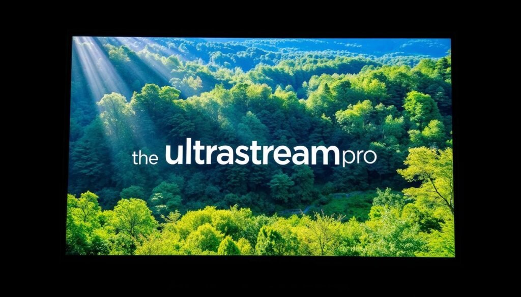 A vibrant, high-definition television screen showcases the ultrastreampro brand, displaying a captivating scene of a lush, verdant forest with sun-dappled clearings. The image is crisp and detailed, with rich, saturated colors that convey a sense of natural beauty and vitality. The lighting is soft and diffused, creating a warm, inviting atmosphere. The television's sleek, modern design and seamless integration into the natural setting suggest a harmonious blend of technology and the great outdoors. The overall impression is one of superior streaming quality and immersive entertainment, perfectly capturing the essence of the "Streaming Quality and Performance" section of the "Honey Bee IPTV: Your Gateway to Endless Entertainment" article.