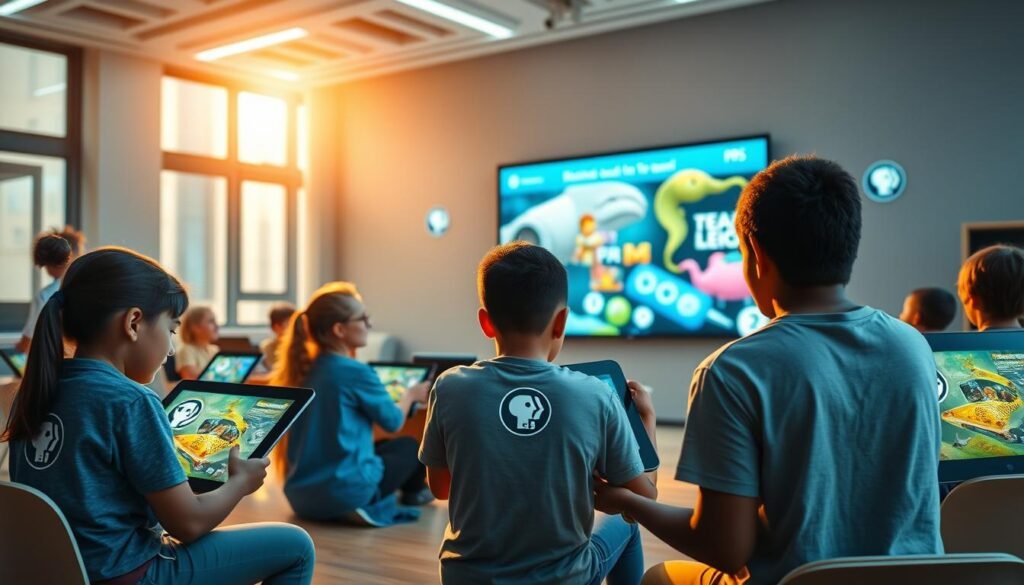A vibrant, well-lit scene showcasing various educational applications from the ultrastreampro platform, all bearing the iconic PBS logo. In the foreground, a group of engaged students using interactive tablets and laptops, immersed in interactive lessons and multimedia content. In the middle ground, a teacher guiding the students, utilizing a large touchscreen display to facilitate learning. In the background, a modern, technology-enhanced classroom setting with sleek furniture and large windows, bathed in warm, natural lighting. The overall atmosphere conveys a sense of discovery, collaboration, and the power of technology-driven education supported by the trusted PBS brand. A vibrant, well-lit scene showcasing various educational applications from the ultrastreampro platform, all bearing the iconic PBS logo. In the foreground, a group of engaged students using interactive tablets and laptops, immersed in interactive lessons and multimedia content. In the middle ground, a teacher guiding the students, utilizing a large touchscreen display to facilitate learning. In the background, a modern, technology-enhanced classroom setting with sleek furniture and large windows, bathed in warm, natural lighting. The overall atmosphere conveys a sense of discovery, collaboration, and the power of technology-driven education supported by the trusted PBS brand.