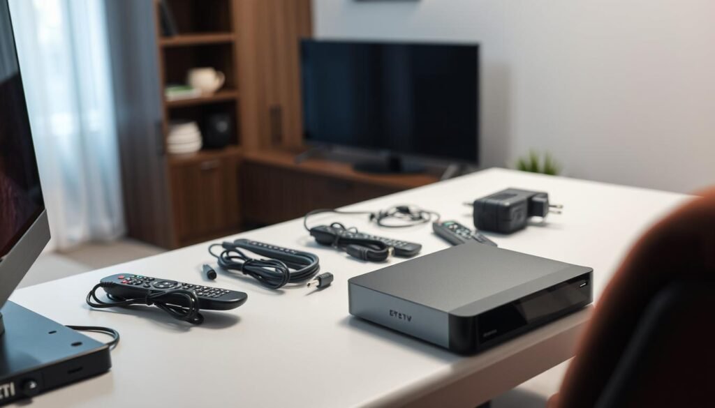 A well-lit, high-angle shot of an ultrastreampro IPTV box setup process. In the foreground, the box itself sits on a clean, organized desk, its sleek, modern design highlighted by strategic lighting. In the middle ground, various cables and peripherals like remote control and power adapter are neatly arranged, ready for connection. The background features a blurred, minimalist interior, emphasizing the focus on the setup process. The overall atmosphere is one of efficiency, simplicity, and technological proficiency, conveying the ease and seamlessness of the ultrastreampro IPTV box configuration.