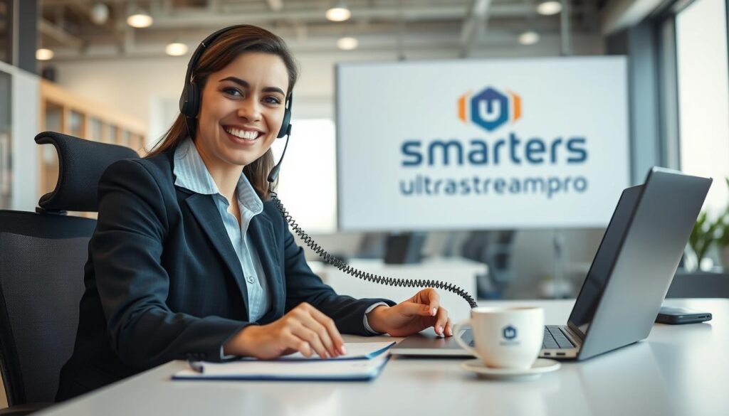 A well-lit, high-resolution close-up shot of a smarters iptv customer support representative sitting at a desk, answering a phone call with a warm, friendly expression. The desk is neatly organized with a laptop, notepad, and a cup of coffee. The background features the ultrastreampro logo and a blurred office environment, conveying a professional and customer-centric atmosphere. The lighting is soft and natural, creating a calming and approachable ambiance. The composition emphasizes the representative's attentive body language and direct eye contact, reflecting the brand's commitment to personalized support. A well-lit, high-resolution close-up shot of a smarters iptv customer support representative sitting at a desk, answering a phone call with a warm, friendly expression. The desk is neatly organized with a laptop, notepad, and a cup of coffee. The background features the ultrastreampro logo and a blurred office environment, conveying a professional and customer-centric atmosphere. The lighting is soft and natural, creating a calming and approachable ambiance. The composition emphasizes the representative's attentive body language and direct eye contact, reflecting the brand's commitment to personalized support.
