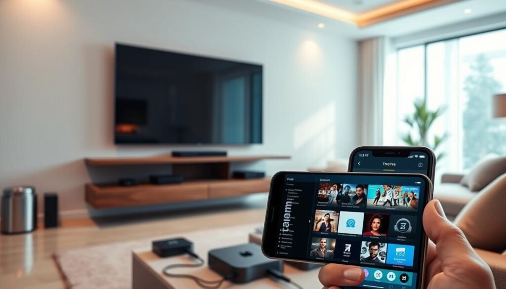 A well-lit interior of a modern media room, with a sleek ultrastreampro media center prominently displayed on a floating entertainment unit. Soft ambient lighting illuminates a minimalist decor, with a large flatscreen TV mounted on the wall. In the foreground, a smartphone or tablet showcases the ultrastreampro app's intuitive interface, highlighting the vast on-demand content library. The middle ground features various streaming devices, remote controls, and neatly organized cables, conveying a sense of technological sophistication. The background hints at a cozy living space, with subtle hints of natural lighting filtering through large windows. The overall atmosphere is one of modern convenience, personal entertainment, and immersive digital experiences.