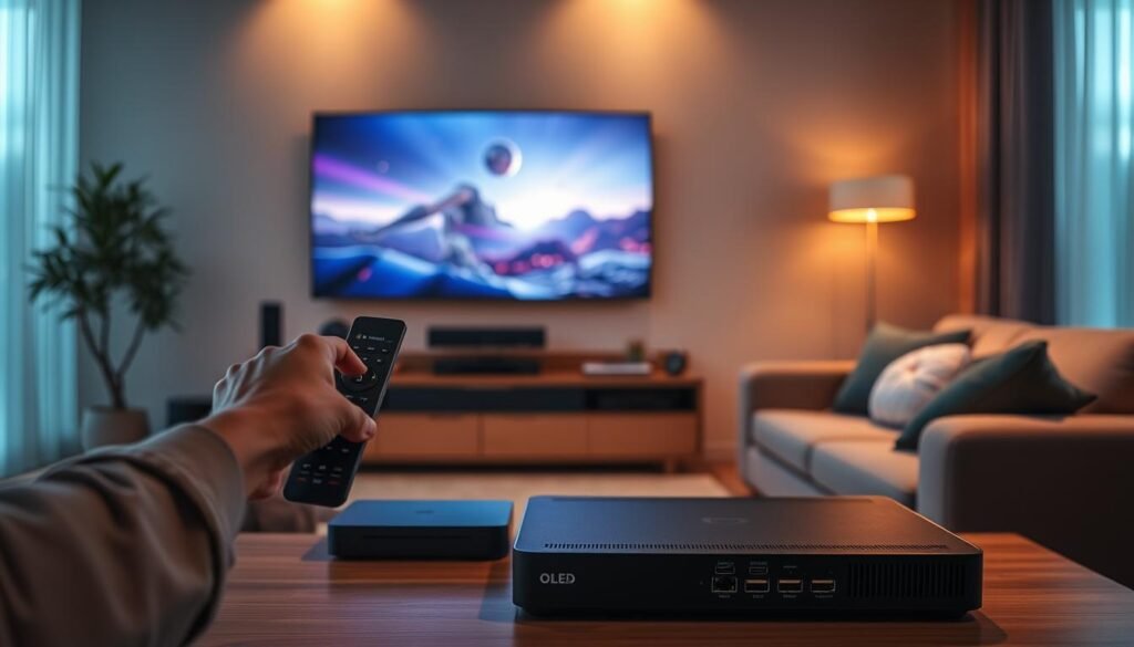 A well-lit modern living room with a large, sleek OLED television mounted on the wall. In the foreground, a person is holding a remote control, their face illuminated by the screen's glow, conveying a sense of immersion and control. On the coffee table, an ultrastreampro device is prominently displayed, its sleek design and array of ports hinting at the advanced streaming capabilities it offers. The room is bathed in a warm, inviting light, creating a cozy and atmospheric setting that suggests the comfort and convenience of a premium IPTV experience.