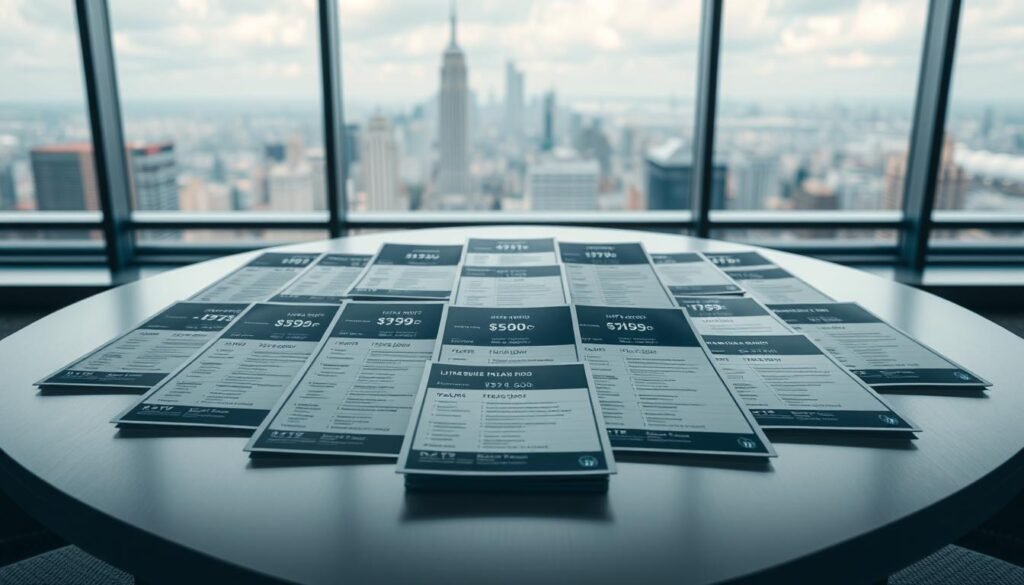 An array of ultrastreampro IPTV subscription plans spread out on a sleek, modern table. The plans are presented in a clean, organized manner, with clear pricing and feature details. The table is illuminated by soft, indirect lighting, creating a professional and inviting atmosphere. In the background, a blurred city skyline can be seen through a large window, reinforcing the premium, high-tech nature of the ultrastreampro service. The overall composition conveys a sense of value, reliability, and the comprehensive offerings of the ultrastreampro IPTV platform.