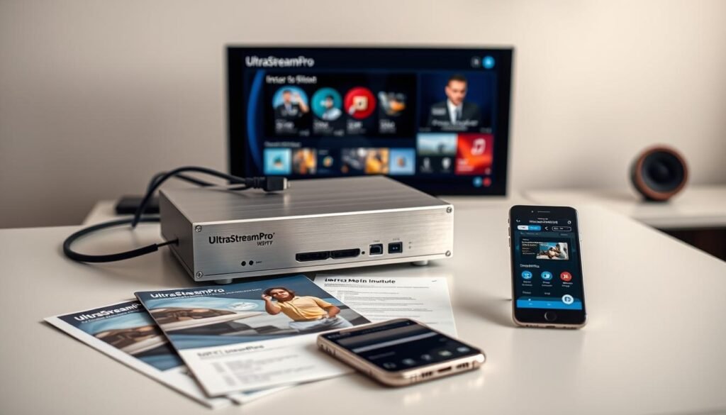 An immaculately crafted UltraStreamPro HDMI IPTV encoder sits atop a sleek, modern desk, its brushed aluminum chassis gleaming under the soft, diffused lighting. Cables snake neatly behind the device, leading to a high-definition display showcasing the encoder's intuitive interface. In the foreground, product brochures and specification sheets are artfully arranged, providing a visual guide to the encoder's technical capabilities. The mid-ground features a smartphone or tablet, displaying the UltraStreamPro mobile app, demonstrating the seamless integration between the hardware and software. The background is softly blurred, emphasizing the focus on the encoder and its supporting materials. The overall scene conveys a sense of professionalism, functionality, and technological sophistication.