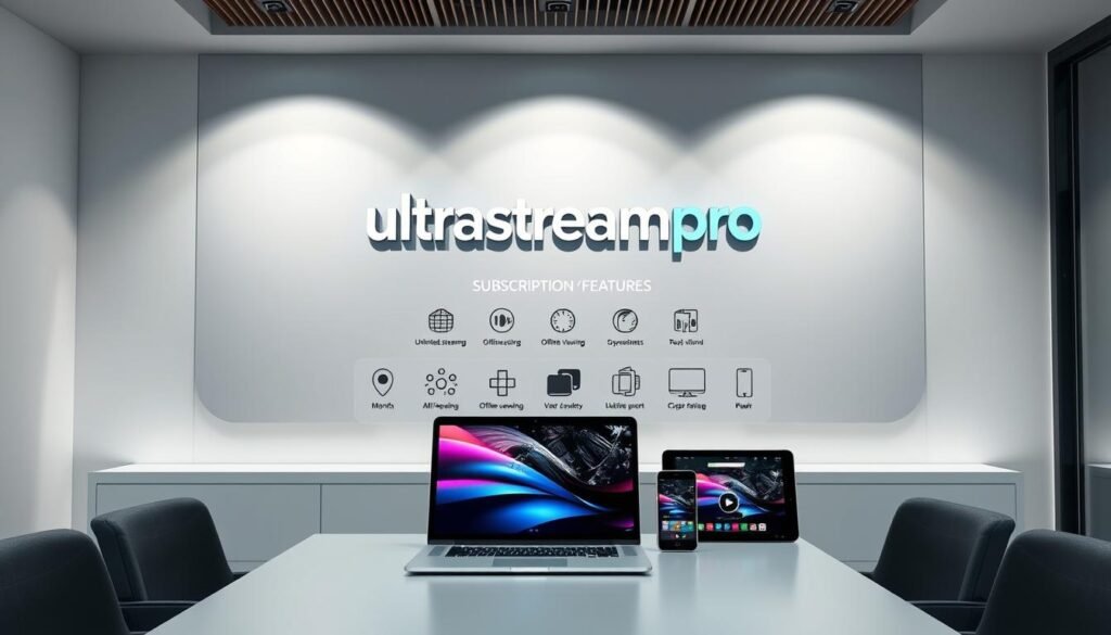 An office setting with a sleek, modern design, featuring a large ultrastreampro brand logo prominently displayed on a wall. In the foreground, there are three high-quality digital devices, such as a laptop, tablet, and smartphone, showcasing the comprehensive features of the SUBSCRIPTION3 MONTHS Max Standard plan. The devices are arranged in a visually appealing manner, highlighting the flexibility and accessibility of the plan. The middle ground includes various icons and illustrations representing the key features, such as unlimited streaming, offline viewing, and multi-device support. The background features a minimalist, high-contrast color palette, creating a sense of professionalism and sophistication. Soft, directional lighting illuminates the scene, emphasizing the premium quality of the subscription service.