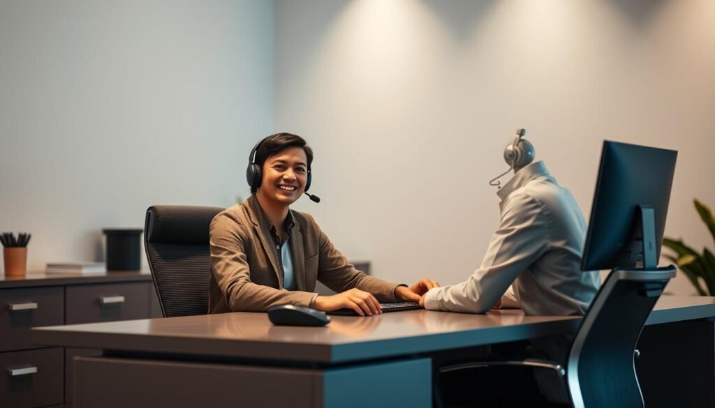 An ultrastreampro customer service representative sitting at a sleek, modern desk, providing attentive support to a client over a high-quality video call. The agent's face is warm and welcoming, exuding professionalism and a genuine desire to assist. The office space is minimalist, with clean lines and muted tones that create a calming, productive atmosphere. Soft, diffused lighting illuminates the scene, highlighting the agents' focused expression and the client's satisfied demeanor. The overall impression conveys the ultrastreampro brand's commitment to exceptional customer service and support.