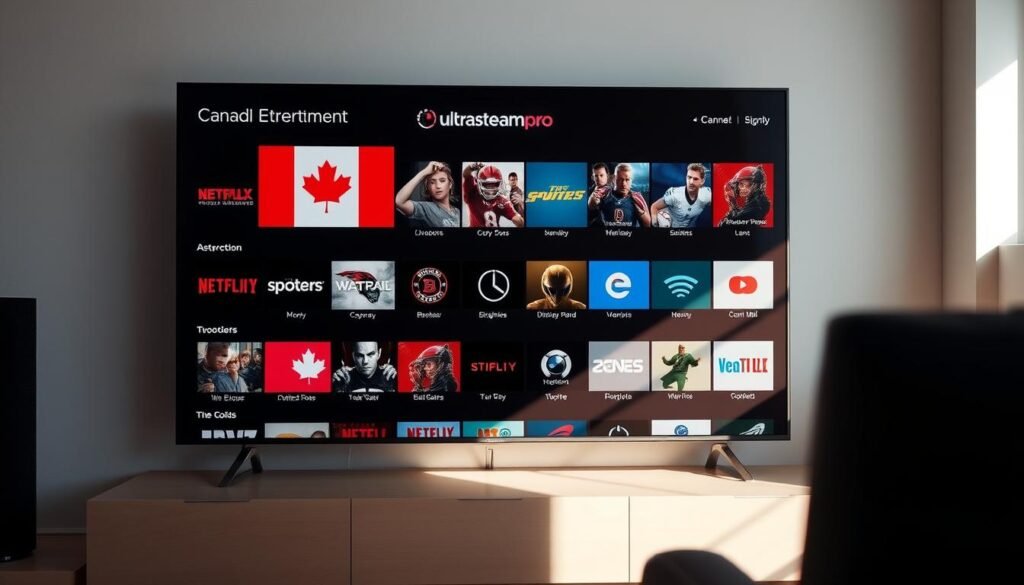 Detailed and comprehensive IPTV channel lineup for the best Canada entertainment, showcased in a sleek and modern digital display. Crisp, high-resolution icons representing a wide range of content categories, including live TV, movies, sports, news, and more, set against a clean, minimalist background. The ultrastreampro brand prominently featured, conveying a sense of quality, reliability, and cutting-edge technology. Soft, natural lighting illuminates the display, creating a warm and inviting atmosphere. Captured at a slight angle to add depth and visual interest, the image presents an enticing and informative glimpse into the expansive content library available through the service.