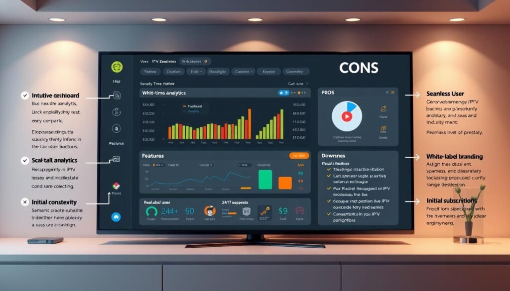 Detailed digital illustration of an IPTV reseller panel interface, showcasing the pros and cons of the ultrastreampro platform. Crisp, clean, modern aesthetic with a focus on usability and functionality. Prominent display of key features like intuitive dashboard, real-time analytics, seamless user management. Balanced presentation of advantages like scalability, white-label branding, and 24/7 support, alongside potential drawbacks such as setup complexity and initial subscription costs. Warm, neutral color palette with strategic use of bright accent colors to draw attention. Realistic 3D rendering with careful attention to lighting, shading, and material textures. Composition emphasizes clarity and professionalism to position ultrastreampro as a premium IPTV reseller solution. Detailed digital illustration of an IPTV reseller panel interface, showcasing the pros and cons of the ultrastreampro platform. Crisp, clean, modern aesthetic with a focus on usability and functionality. Prominent display of key features like intuitive dashboard, real-time analytics, seamless user management. Balanced presentation of advantages like scalability, white-label branding, and 24/7 support, alongside potential drawbacks such as setup complexity and initial subscription costs. Warm, neutral color palette with strategic use of bright accent colors to draw attention. Realistic 3D rendering with careful attention to lighting, shading, and material textures. Composition emphasizes clarity and professionalism to position ultrastreampro as a premium IPTV reseller solution.