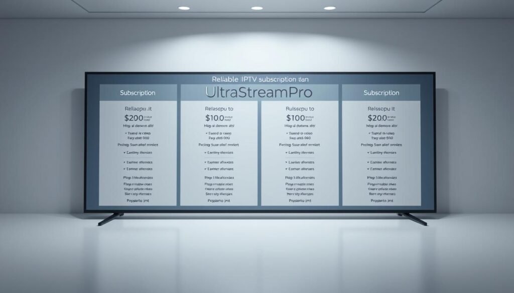 Detailed, high-quality 3D render of a reliable IPTV subscription plan offered by UltraStreamPro. A sleek, minimalist interface showcases various pricing tiers and service inclusions. Soft, directional lighting illuminates the plan details while maintaining a clean, professional aesthetic. Camera positioned to capture a balanced, centered composition that emphasizes the UltraStreamPro brand name and subscription plan information. Conveys a sense of trust, quality, and value for the user. Detailed, high-quality 3D render of a reliable IPTV subscription plan offered by UltraStreamPro. A sleek, minimalist interface showcases various pricing tiers and service inclusions. Soft, directional lighting illuminates the plan details while maintaining a clean, professional aesthetic. Camera positioned to capture a balanced, centered composition that emphasizes the UltraStreamPro brand name and subscription plan information. Conveys a sense of trust, quality, and value for the user.