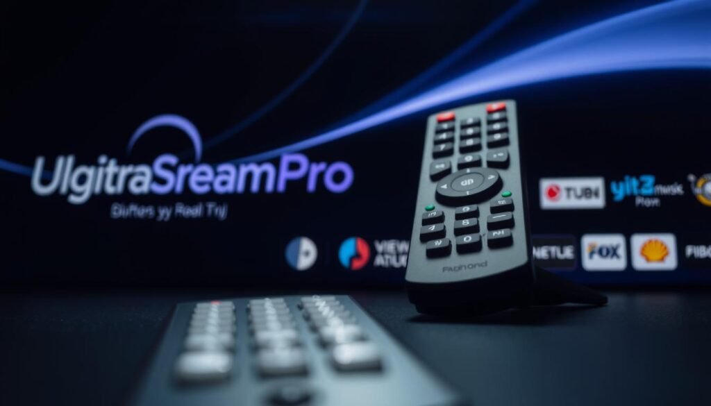 Dramatic close-up of a high-end IPTV remote control against a sleek, dark background. The remote features a premium, brushed metal finish with minimalist, backlit buttons. Soft, directional lighting highlights the device's sophisticated design and conveys a sense of premium quality. In the background, digital UltraStreamPro branding and various IPTV channel logos are subtly visible, hinting at the remote's ability to access a wide range of premium streaming content. The overall composition and lighting create a mood of exclusivity and technological sophistication. Dramatic close-up of a high-end IPTV remote control against a sleek, dark background. The remote features a premium, brushed metal finish with minimalist, backlit buttons. Soft, directional lighting highlights the device's sophisticated design and conveys a sense of premium quality. In the background, digital UltraStreamPro branding and various IPTV channel logos are subtly visible, hinting at the remote's ability to access a wide range of premium streaming content. The overall composition and lighting create a mood of exclusivity and technological sophistication.