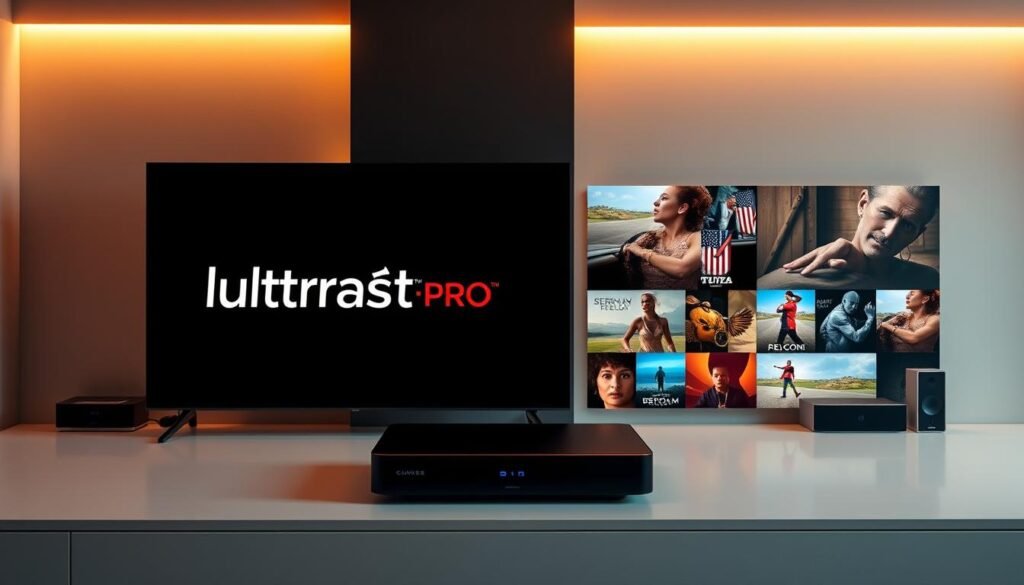 Elegant yet affordable IPTV package with the ultrastreampro brand displayed prominently. A sleek, modern design with a focus on high-quality content and user-friendly features. Warm lighting highlights the package's key details, creating an inviting and premium atmosphere. The composition features a clean, minimalist layout with the package's essential information clearly presented. The overall mood conveys a sense of accessible luxury, perfect for illustrating a section on subscription plans and pricing structure.