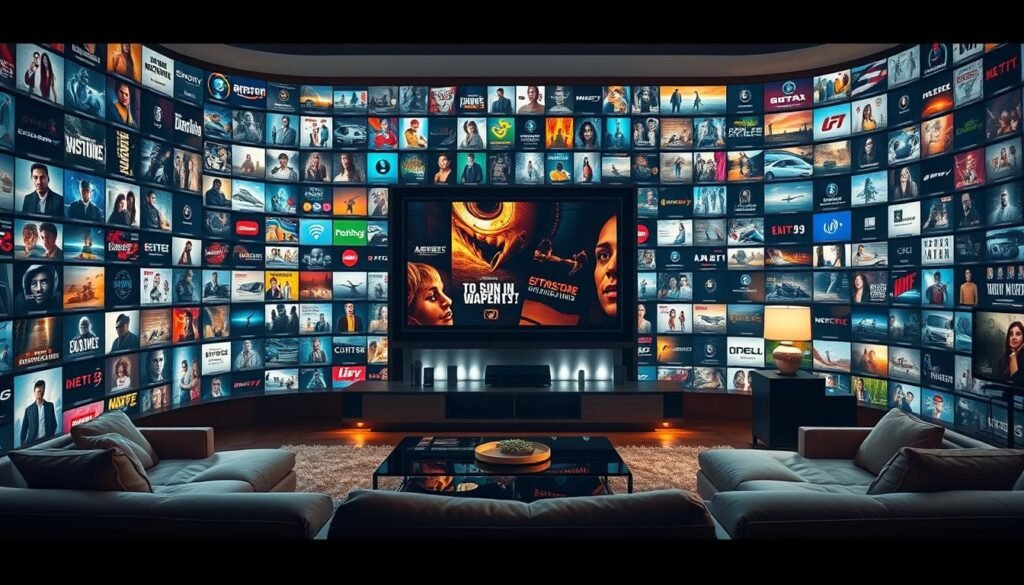 Expansive ultrastreampro content library, showcasing a vast array of entertainment options. In the foreground, a large screen displays an array of movie, TV, and live channel thumbnails, enticing the viewer with an endless array of captivating content. The middle ground features sleek, modern furniture and decor, creating a refined and inviting atmosphere. The background is illuminated with a warm, soft lighting, casting a cozy glow over the entire scene. The overall composition conveys a sense of abundance, comfort, and the promise of endless entertainment at the user's fingertips.