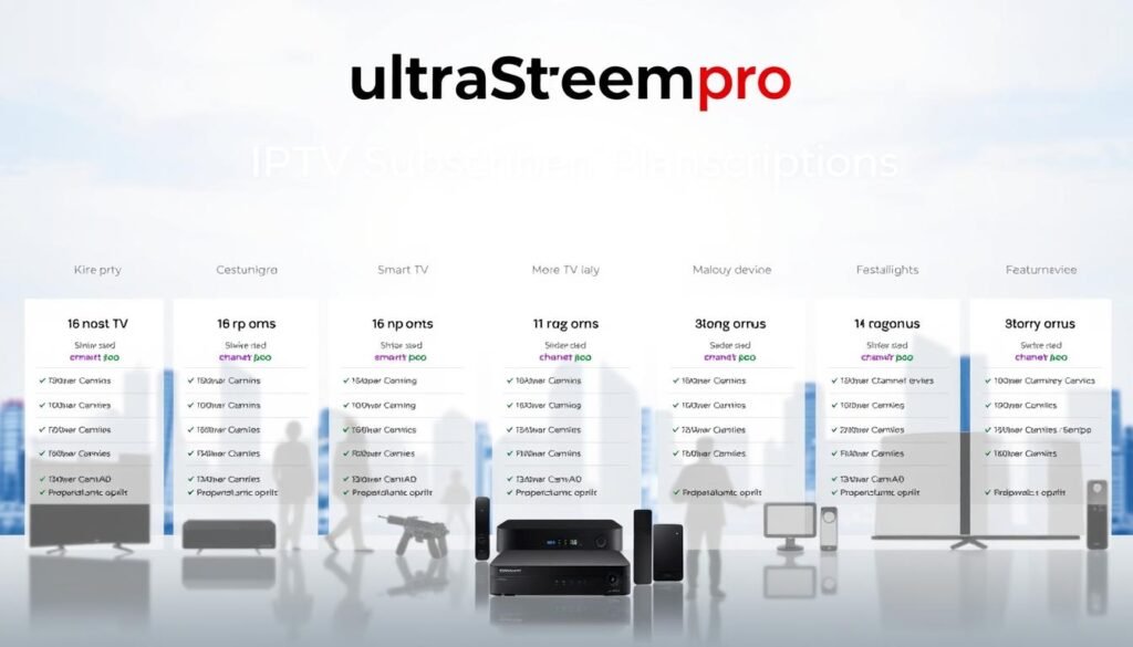 High-resolution image showcasing a range of IPTV subscription plans for the ultrastreampro brand. The foreground features a clean and modern display of different pricing tiers, channel counts, and feature highlights in a grid layout. The middle ground shows silhouettes of various consumer devices like smart TVs, set-top boxes, and mobile devices, hinting at the platform's cross-device compatibility. The background depicts a soft, blurred cityscape with skyscrapers, suggesting the global reach and availability of the ultrastreampro IPTV service. The lighting is bright and evenly diffused, creating a professional and trustworthy atmosphere. The overall composition aims to convey the breadth of subscription options, the versatility of the platform, and the reliable, premium nature of the ultrastreampro brand.