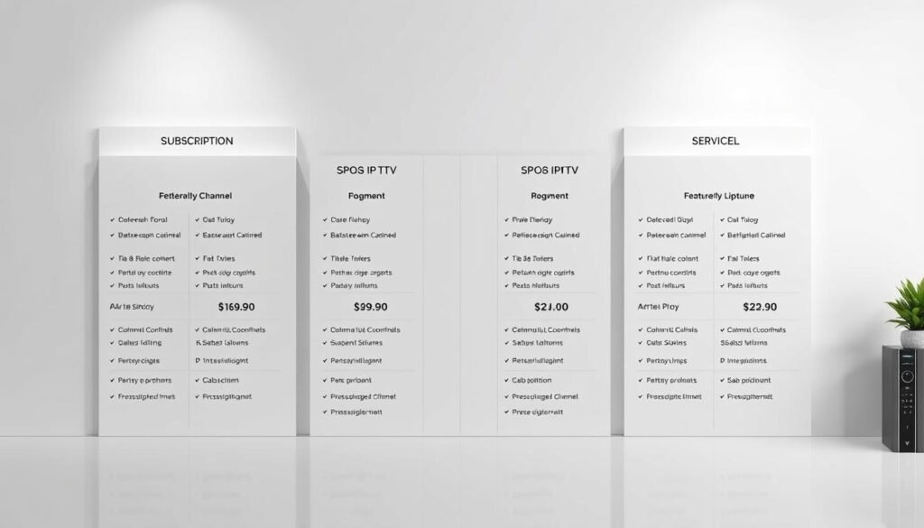 Sleek and modern IPTV subscription plans for ultrastreampro, displayed on a minimalist white background. A clean grid layout showcases different service tiers, each with detailed pricing, channel lineups, and feature highlights. Crisp typography and elegant iconography convey the value proposition. Soft cinematic lighting accentuates the premium, high-quality feel. The overall composition is balanced, inviting the viewer to explore the various ultrastreampro plan options.