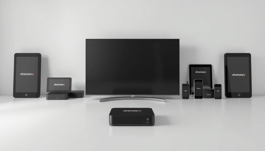 Sleek, modern electronic devices arranged in a minimalist, well-lit showcase. In the foreground, a stylish ultrastreampro smart TV with a crisp, high-definition display. Behind it, a selection of compatible streaming boxes, tablets, and smartphones, each showcasing the ultrastreampro brand. The devices are positioned with care, creating a balanced, symmetrical composition. The lighting is soft and diffused, highlighting the clean lines and premium materials of the electronics. The overall mood is one of technological sophistication and seamless compatibility, inviting the viewer to envision the possibilities of the Flex IPTV system.