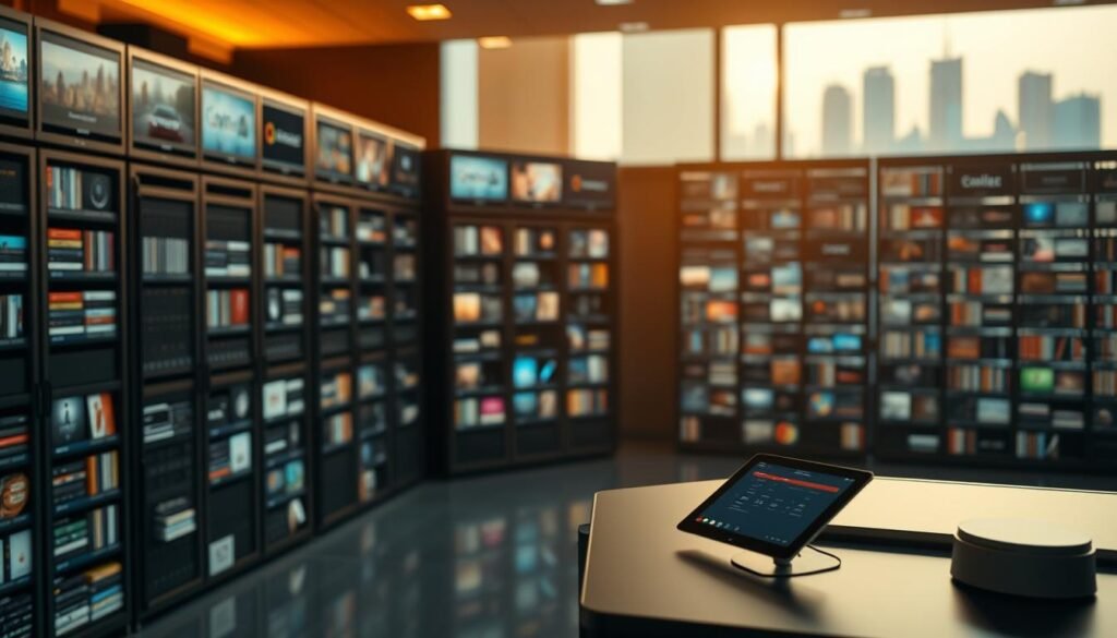 Sprawling ultrastreampro premium content library, bathed in warm, golden light and soft focus. Rows of high-end media servers and sleek display racks holding a vast array of digital entertainment options. In the foreground, a modern, minimalist workstation with a touchscreen interface, inviting the viewer to explore the vast selection. The background features a softly blurred city skyline, hinting at the global reach and scale of this premium IPTV service. The overall atmosphere conveys a sense of quality, exclusivity, and technological sophistication. Sprawling ultrastreampro premium content library, bathed in warm, golden light and soft focus. Rows of high-end media servers and sleek display racks holding a vast array of digital entertainment options. In the foreground, a modern, minimalist workstation with a touchscreen interface, inviting the viewer to explore the vast selection. The background features a softly blurred city skyline, hinting at the global reach and scale of this premium IPTV service. The overall atmosphere conveys a sense of quality, exclusivity, and technological sophistication.