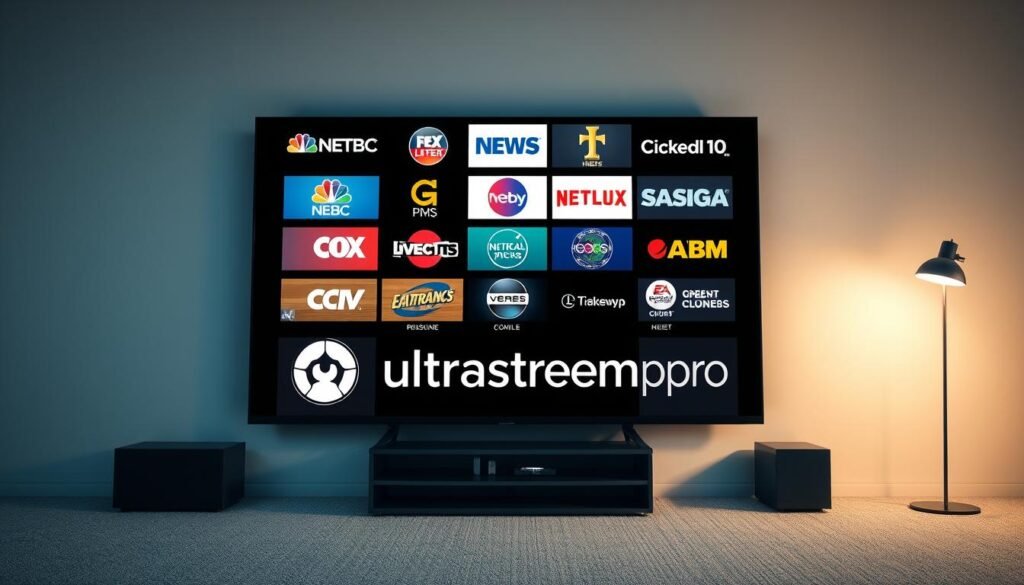 a detailed, realistic, and visually striking image of various American cable television channels displayed on a large, high-definition television screen, with the ultrastreampro brand prominently featured in the foreground. The image should showcase a diverse range of popular cable channels, including news, entertainment, sports, and lifestyle networks, each with their distinctive logos and branding. The television screen should be set against a modern, minimalist backdrop, with subtle lighting and shadows to create a sense of depth and dimension. The overall composition should convey the breadth and variety of content available to viewers through the ultrastreampro platform, reflecting the "Content Library and Programming Options" section of the article.